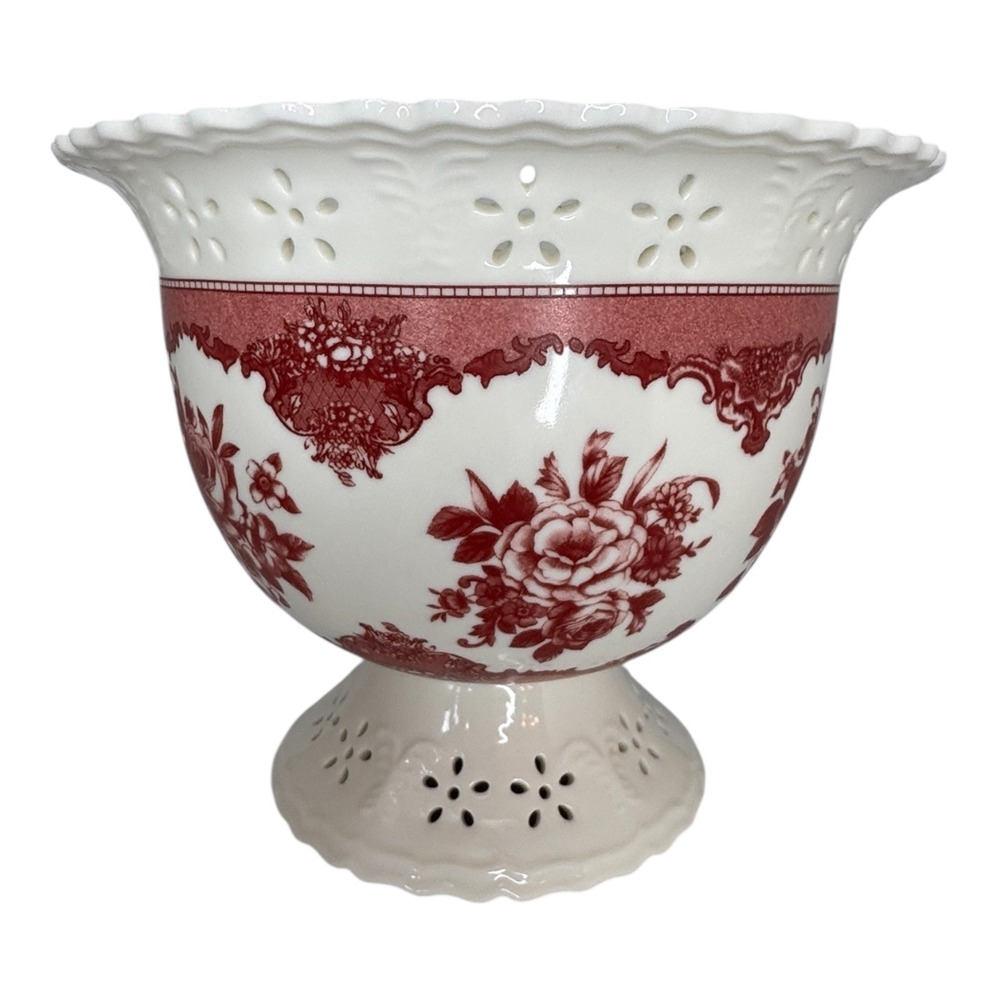 Vintage Floral Bowl Planter FTD Red White Footed Scalloped Victorian - Style